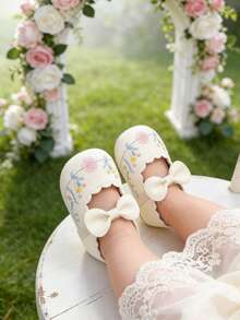 Infant Girls Floral Embroidered Mary Jane Shoes, Soft Non-Slip Sole Crib Shoes, Cute Bow & Scalloped Edge Infant First Walkers For Spring Summer - White - View 5