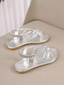 1双夏季金色舒适百搭编织人字拖，柔软防滑透气公主凉鞋 - 銀色 - 查看 7
