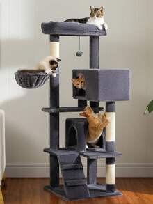 PAWZ Road Cat Tree For Large Cats With Super Large Top Platform, [56.3"=143cm] Tower For Indoor Cats With Hammock And Sleeping Bag, Cat Shelves With Scratching Posts And 2 Houses - 深灰色 - 查看 2