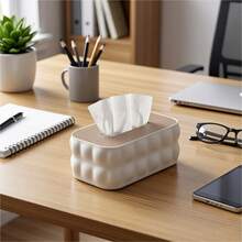 1pc Minimalist Creative Wooden Lid Plastic Tissue Box, Dining Room, Living Room, Office Desk Paper Towel Holder, Desktop Storage Box - Multicolor - View 5