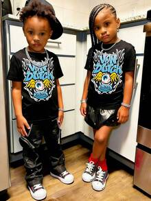 Summer Kids' "Von" Streetwear Short-Sleeve T-Shirt - Black, Unisex (Boys & Girls) - Featuring Flame, Wing, And Eyeball Prints For A Bold, Street-Style Look - màu đen - Xem 1