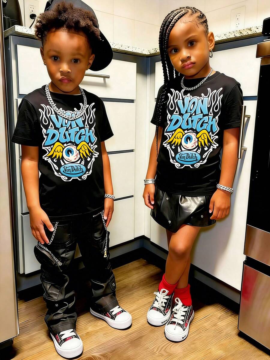 Summer Kids' "Von" Streetwear Short-Sleeve T-Shirt - Black, Unisex (Boys & Girls) - Featuring Flame, Wing, And Eyeball Prints For A Bold, Street-Style Look - màu đen - Xem 1