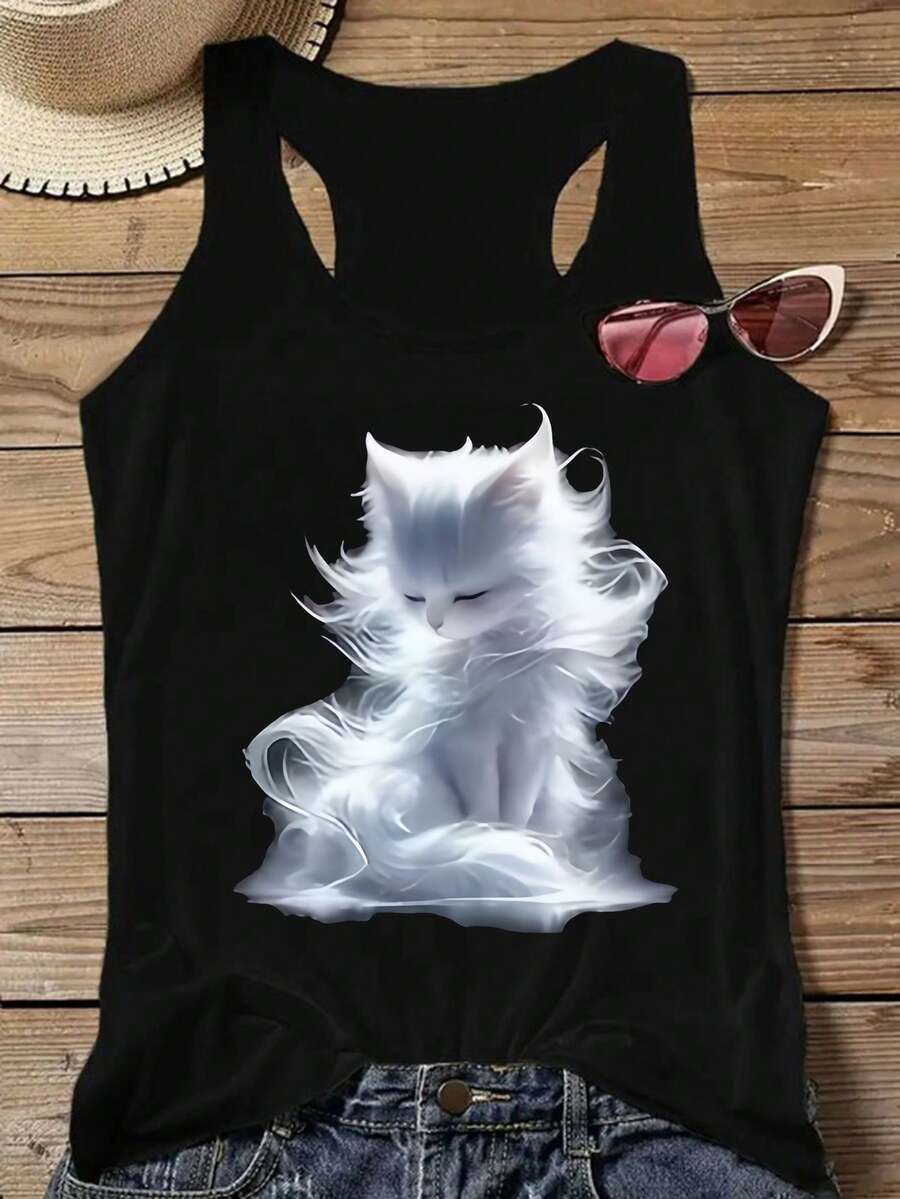White Smoke Cat Pattern Sleeveless Top With Black Print, Women'S Summer Clothing Promotion, Cool Streetwear For Women, Stretch Sleeveless Tank - 黑色 - 查看 1