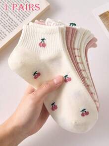 1/5 pares de calcetines de tobillo para mujer con patrones de cerezas y fresas rosas, antideslizantes, aptos para todas las estaciones - Multicolor - Ver 8