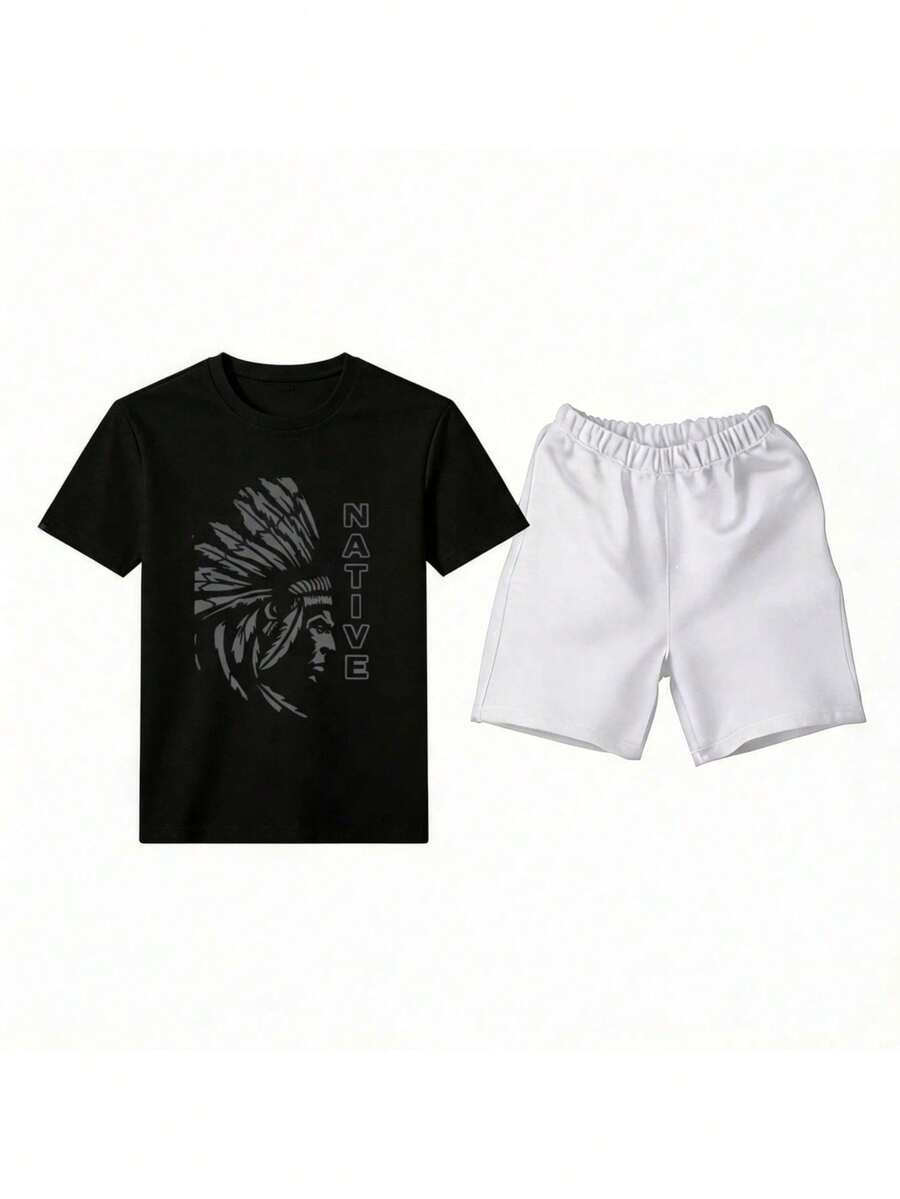 Conjunto para hombre casual urbano con estampado gráfico y letras tela cómoda ajuste holgado cuello redondo manga corta primavera verano uso diario camiseta y shorts - Negro 1 - Ver 1