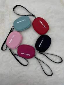Letter Embroidered Round Coin Purse, Mini Keychain Wallet, Women ID Card Holder, Change Purse, Mini Key Pouch, Lipstick Makeup Bag, Earphone Storage Pouch, Holiday Gift (For Family, Friends And Classmates), Birthday Gift - 黑色紅手提 - 查看 4