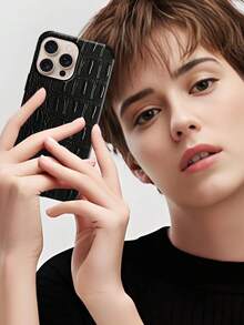 Crocodile Pattern 1pc Crocodile Texture Shock-Proof Leather Phone Case With Rotating Sound Design, Suitable Compatible With Iphone - Crocodile Pattern Black - View 10