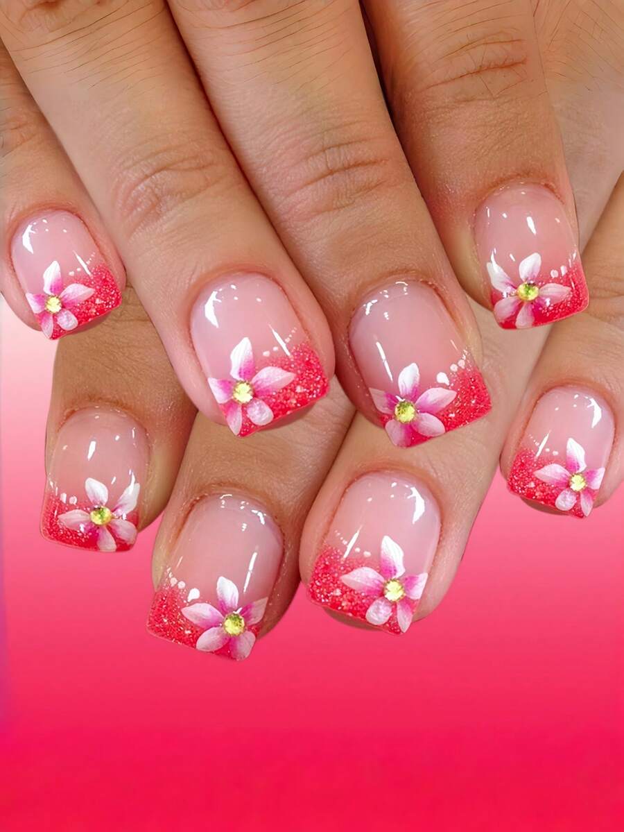 24片装欧式方形短款假指甲，蜜桃色闪粉搭配花朵水钻，短款亮泽持久全覆盖可卸指甲，适合女士派对、晚宴及日常使用。 - 粉色 - 查看 1