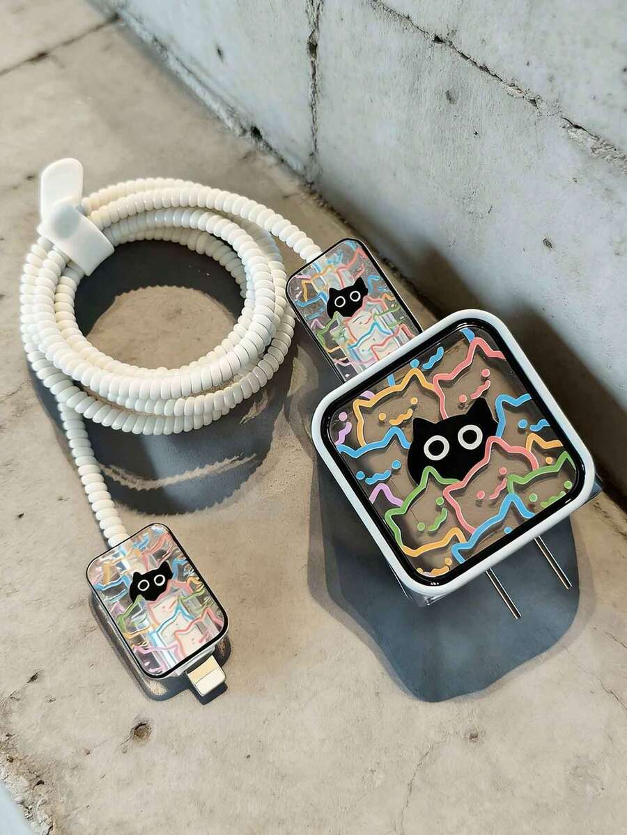 5pcs White Line Cat TPU Data Cable Protector Case, Suitable Compatible With Apple 20W/18W Fast Charger Adapter - White - View 1