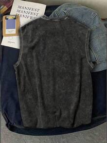 Plus Size Men's Casual Retro Washed Round Neck Sleeveless Tank Top - Black - View 2