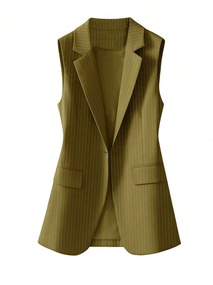 Women's Striped Patchwork Single-Button Regular Blazer Vest, Solid Color Pocket Button Office Wear Spring - Army Green - View 1
