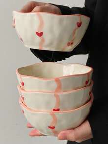 Cabin Kangaroo 1pc/2pcs/4pcs Aesthetic Asymmetrical Ceramic Bowl Set | 3D Heart Print Rustic Style Porcelain Bowl | Cute Pink Rim Dessert/Salad Bowl Suitable For Tabletop Decor And Daily Use - Multicolor - View 15