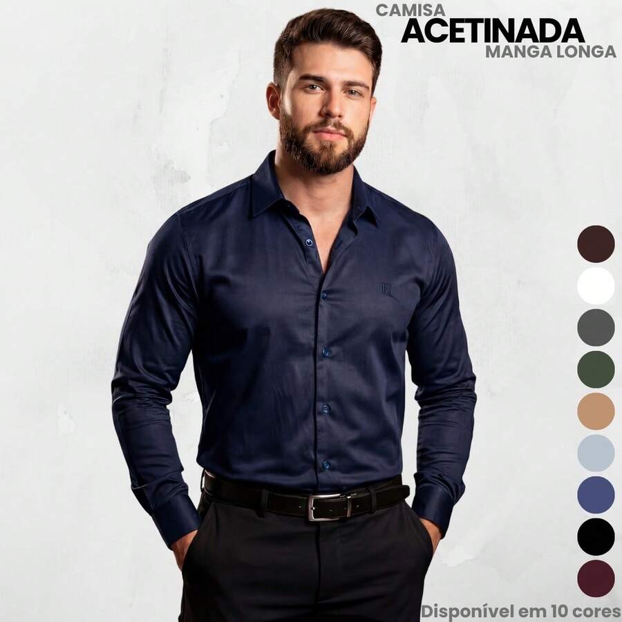 Men's Satin Shirt Premium Fabric Simple Regular Fit Button - Navy Blue - View 1