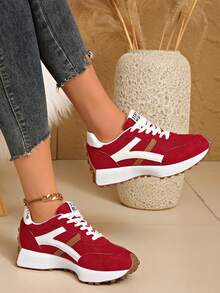 Women's Spring/Autumn White Casual Sneakers, Low-Top, Lightweight, Durable, Low Heel, Round Toe, Breathable, Lace-Up, Comfortable, Suitable For Outdoor Activities - Burgundy - View 2