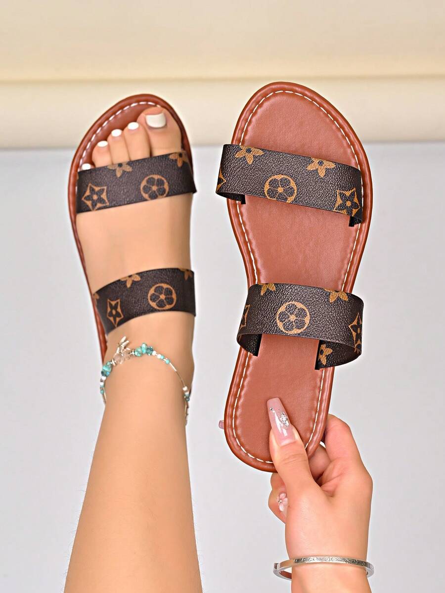 French Retro Style Printed Slide Sandals, Double Strap Flat Design, Non-Slip Breathable Commuting & Vacation Popular Women Shoes - Black - View 1