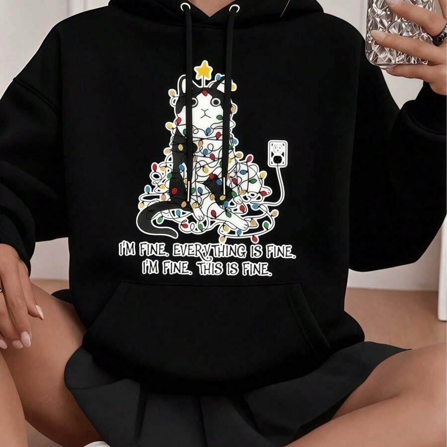 Womens Gothic Anime Manga Graphic Hooded Sweatshirt - Japanese Text Kawaii Cat Print Pullover Breathable Light Beige-Fri - 黑色 - 查看 1