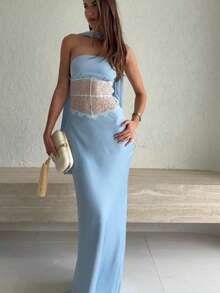 Rochie elegantă la modă pentru femei, din tafta albastră, romantică, cu talie scurtă, transparentă, din dantelă, fără bretele, cu eșarfă detașabilă, primăvară/vară - Albastru - Vizualizare 4