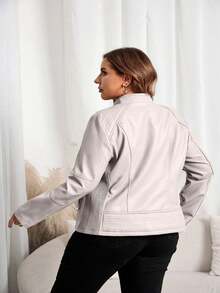 Giolshon Women Plus Size Casual Fashion Riding Jacket, Suitable For Commuting And Street Photography, Faux Leather Jacket For Autumn/Winter And Spring - Beige - View 2