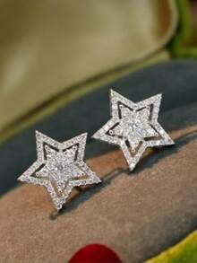 1 Đôi bông tai hình ngôi sao năm cánh bằng đá Zirconia thời trang, thanh lịch, đơn giản, phổ biến, thích hợp để đeo hàng ngày, dự tiệc, du lịch và nhiều dịp khác. - Bạc - Xem 7
