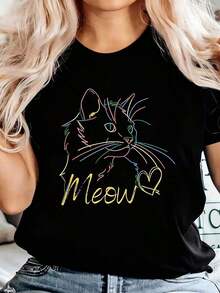 Women's Plus Size Casual T-Shirt With Colorful Cat Graphic - Short , Round Neck, Knit, Perfect For All Seasons, Casual WearFun Fashion TeeVibrant Print - 黑色 - 查看 6