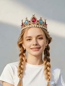 Women's Retro Faux Pearl & Gemstone Crown Headband, Birthday Party Costume Headpiece, Cosplay Headband, Women Costume Headwear - Gold - View 7