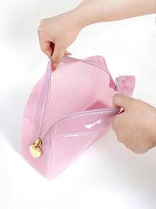 MIYIN 1pc PVC Transparent Cosmetic Bag, Travel Makeup Pouch, Makeup Brush Holder, Toiletry Bag, Beach Bag, Cosmetic Storage Organizer, Travel Makeup Organizer, Gift Bag With Zipper, Nail Polish Bag - Pink - View 6