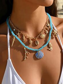 两件套度假风优雅蓝色串珠镀金合金项链，饰有海洋生物贝壳、章鱼、美人鱼流苏吊坠，适合海滩派对、度假、通勤等场合。 - 金黃色 - 查看 6