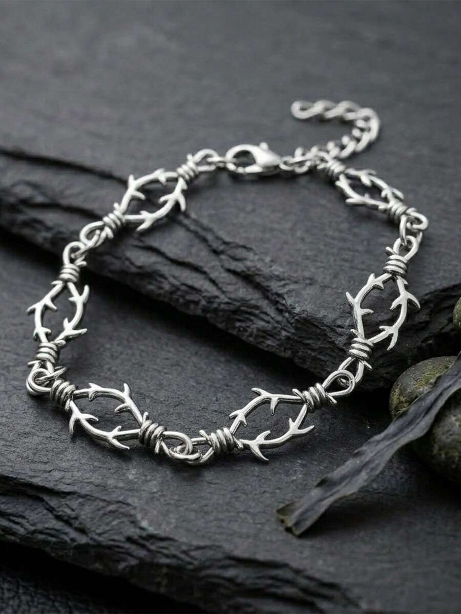 Men's Thorn Chain Rivet Bracelet, Punk Hip-Hop Style, High Quality, Low Allergy, Unique Design, Suitable For Daily Wear And Dating - Silver - View 1