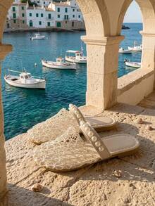 1 Pair Girls' Summer Fashion Slippers, Asymmetrical Woven Beige Upper, Slip-On Peep Toe Sandals, Suitable For Home, Beach, Walking - Beige - View 2