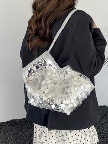 1pc Sequin Tote Bag, Large Capacity Shoulder Bag, Fashionable Casual Chic Glitter Bag For Students, Spring/Summer - Silver - View 7
