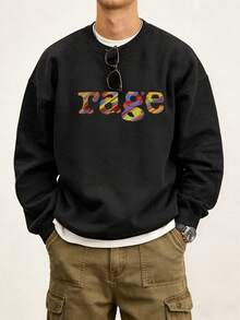 2026 Spring New Arrival Men's Black Loose-Fit Crewneck Sweatshirt With Colorful 'Rage' Print - Everyday Streetwear Style, Comfortable And Versatile Design For Young Adults - Black - View 1