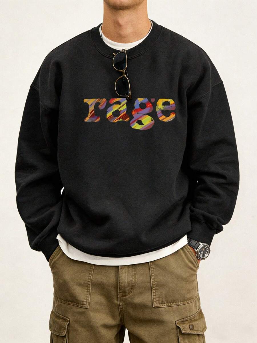 2026 Spring New Arrival Men's Black Loose-Fit Crewneck Sweatshirt With Colorful 'Rage' Print - Everyday Streetwear Style, Comfortable And Versatile Design For Young Adults - Black - View 1