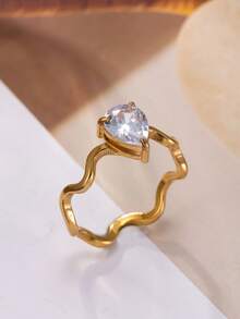 Women's Stainless Steel Water Drop Shaped Ring With Rhinestones, Fashionable And Elegant For Daily Wear, Summer - Yellow Gold - View 3