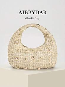 女士时尚编织手提包，适合度假、海滩、商务通勤，多功能单肩包，休闲简约，沙滩度假必备 - 米色 - 查看 1