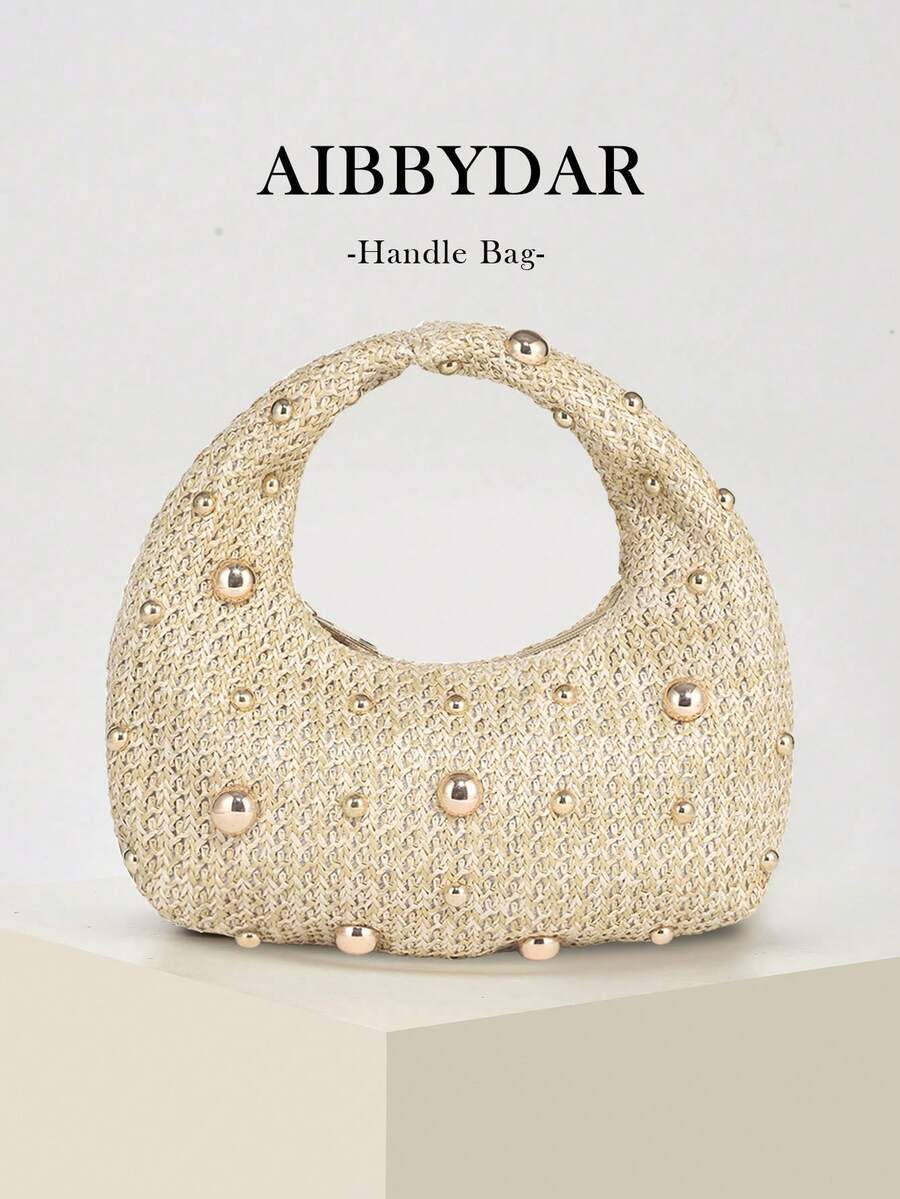 女士时尚编织手提包，适合度假、海滩、商务通勤，多功能单肩包，休闲简约，沙滩度假必备 - 米色 - 查看 1