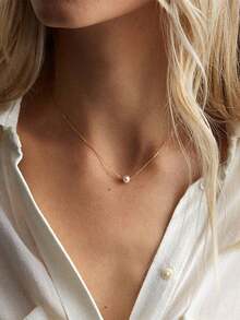 1 chiếc dây chuyền vàng tối giản thanh lịch với mặt dây chuyền ngọc trai giả, thích hợp để đeo hàng ngày. - Vàng - Xem 1