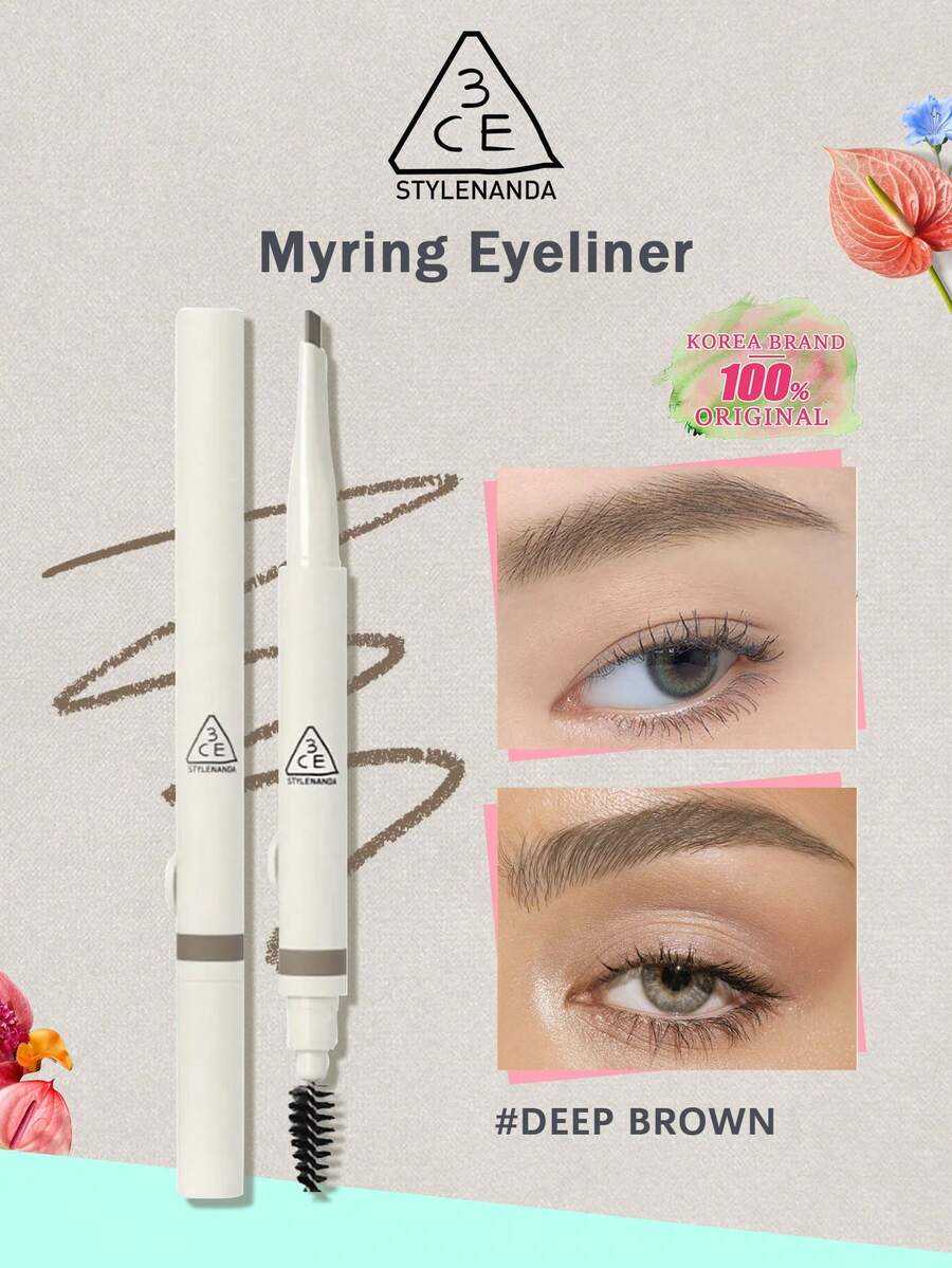 3CE 130mg/0.0046oz Deep Brown Eyebrow Pencil, Smooth Texture, Flat Tip Design For Easy Shaping And Filling, Natural Hair-Like Feel, Waterproof And Smudge-Proof, Built-In Spoolie Brush, Suitable For Beginners, Korean Eyebrow Makeup, K-Beauty