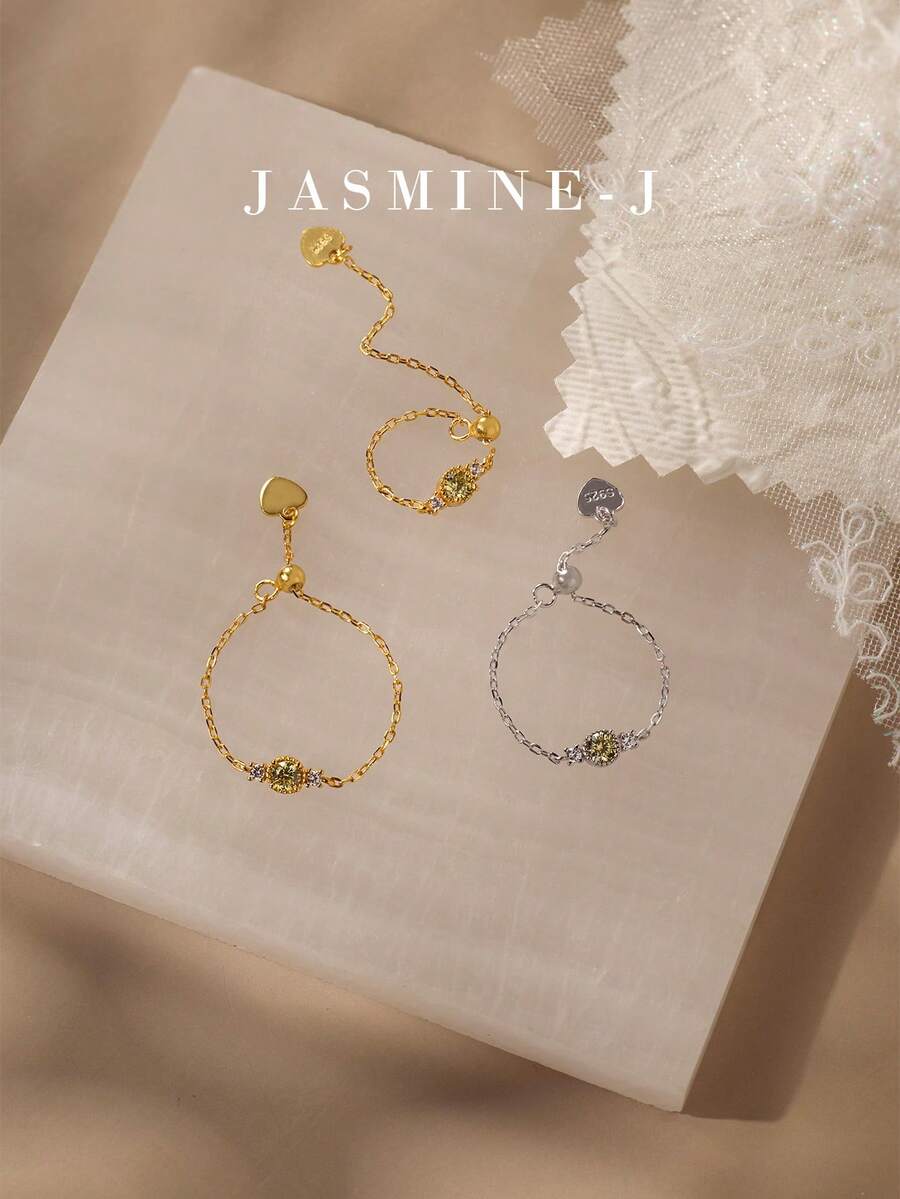 1 chiếc nhẫn bạc S925 đính đá Emerald, màu xanh ô liu, vàng, kiểu dây chuyền, có thể điều chỉnh kích cỡ, thiết kế tối giản, phù hợp cho nữ đeo hàng ngày. - Nhiều màu - Xem 1