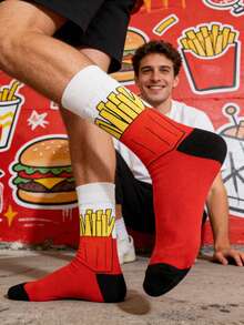 1 双男士红、白、黑撞色薯条图案中筒袜，四季皆宜。 - 彩色 - 查看 6