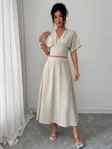 Lily House Summer Elegant Commuting V-Neck Cinched Waist Bat Sleeve Top + A-Line Skirt Two Pieces Set, Daily Elegant Casual Commuting Brunch Garden Party - Gray Apricot - View 10
