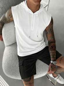 Chaleco con capucha sin mangas casual para hombre, top de verano minimalista, elegante y versátil - Blanco - Ver 2