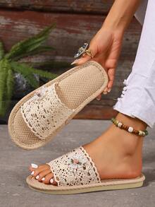2026 Floral Decor Open Toe Flat Soft Bottom Slide Sandals, All Season - Beige - View 3