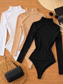 3-Piece Set: Women's High Neck Long Sleeve Turtleneck Bodysuit, Second Skin, Suplex Fabric, Party , Autumn/Winter - Đen, Trắng và Be - Xem 1