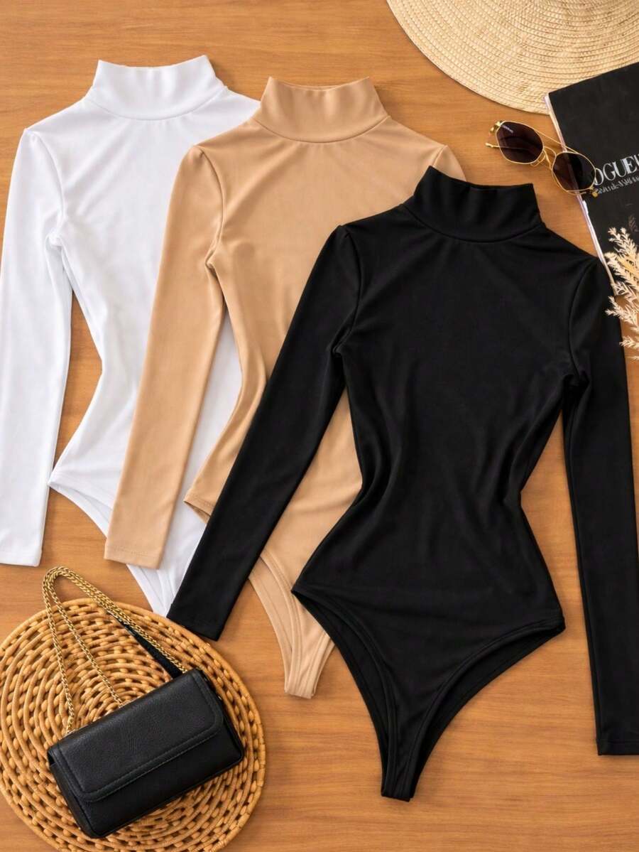 3-Piece Set: Women's High Neck Long Sleeve Turtleneck Bodysuit, Second Skin, Suplex Fabric, Party , Autumn/Winter - Đen, Trắng và Be - Xem 1