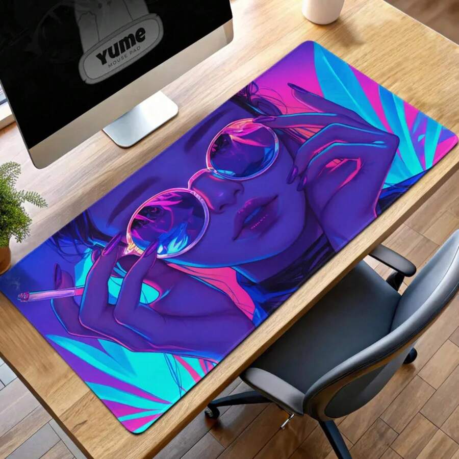 Neon Aesthetic Gaming Mouse Pad, Vaporwave Desk Mat, Cyberpunk Art Mousepad, Cool Gamer Gift For Desk Setup - Đen - Xem 1
