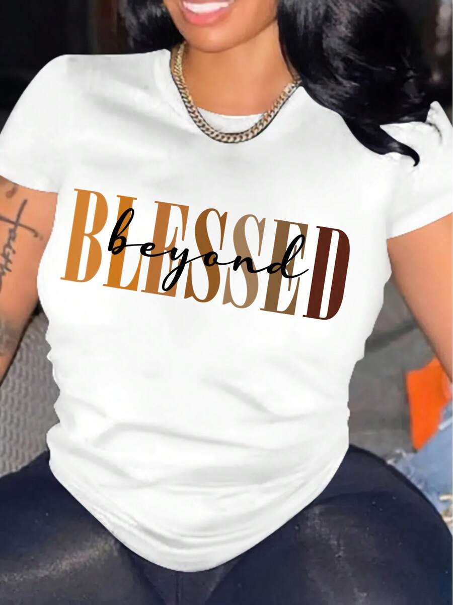 Short Sleeve T-Shirt For Women Featuring 'Blessed Beyond ' - White - View 1