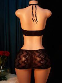 Bộ đồ lót gợi cảm 2 món dành cho nữ, áo crop top không tay buộc dây cổ, khoét lưng xuyên thấu và chân váy, áo khoác ngoài bikini, trang phục khiêu vũ gợi cảm, trang phục nhập vai dự tiệc sexy, ngày Valentine. - màu đen - Xem 4