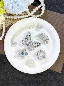 12pcs Silver Rhinestone Butterfly Shoe Charms, Pearl Flower Chain DIY Sandals Beach Bag Detachable Accessories Gift - Silver - View 5