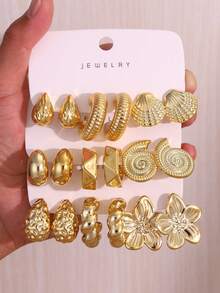 3-9对/套 金色贝壳、海星、五瓣花、水滴多元素耳环，奢华优雅百搭新款设计 - 金色 - 查看 7