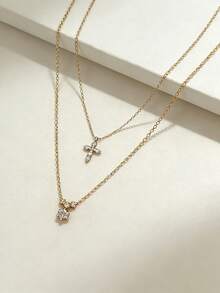 Shescity 1 chiếc vòng cổ thánh giá nhỏ nhiều lớp kiểu Mỹ dành cho nữ, mặt dây chuyền đính đá Zirconia siêu sáng bóng tinh tế. - Vàng - Xem 3